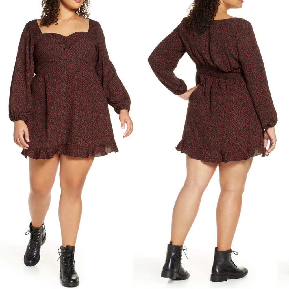BP Print Sweetheart Neck Long Sleeve Dress